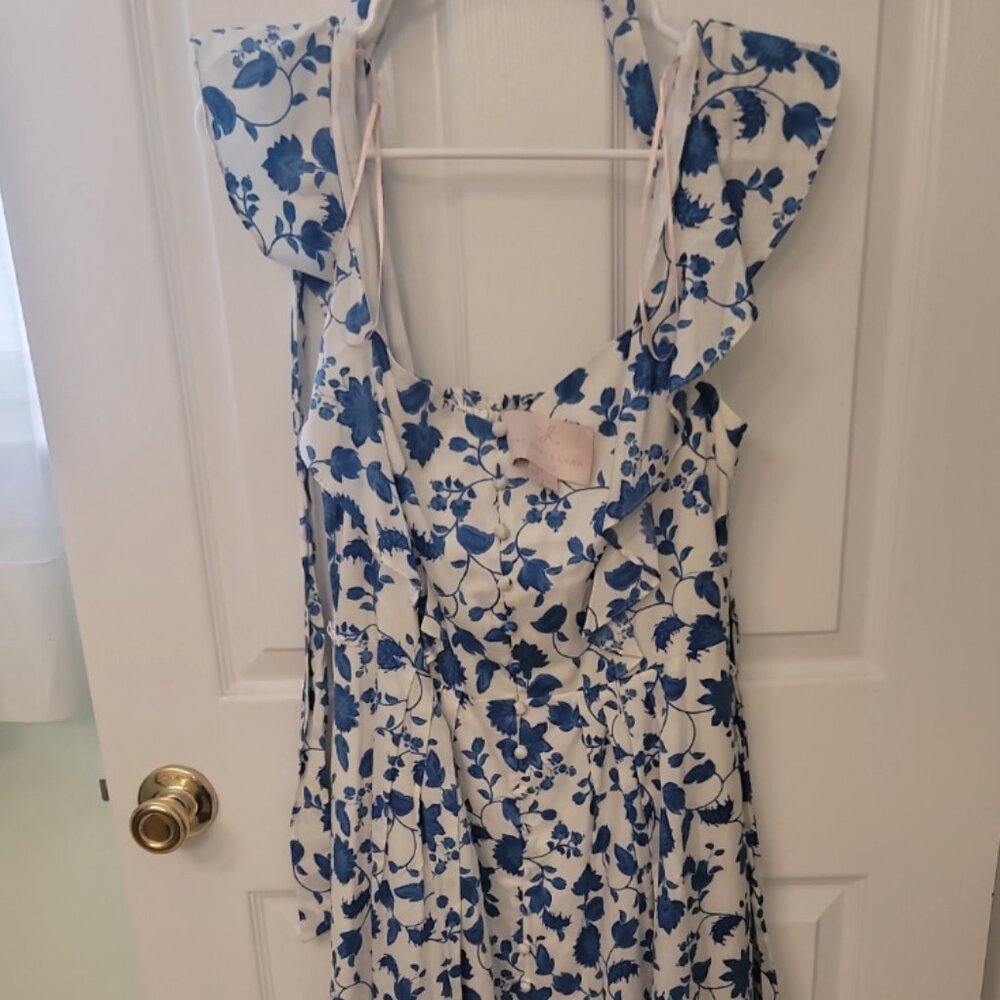 Gal Meets Glam Blue Floral Flutter Sleeve Cotton Olivia Dress | Lined